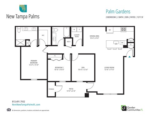 Floor plan for 2 beds, 2 baths, 1571 sqft